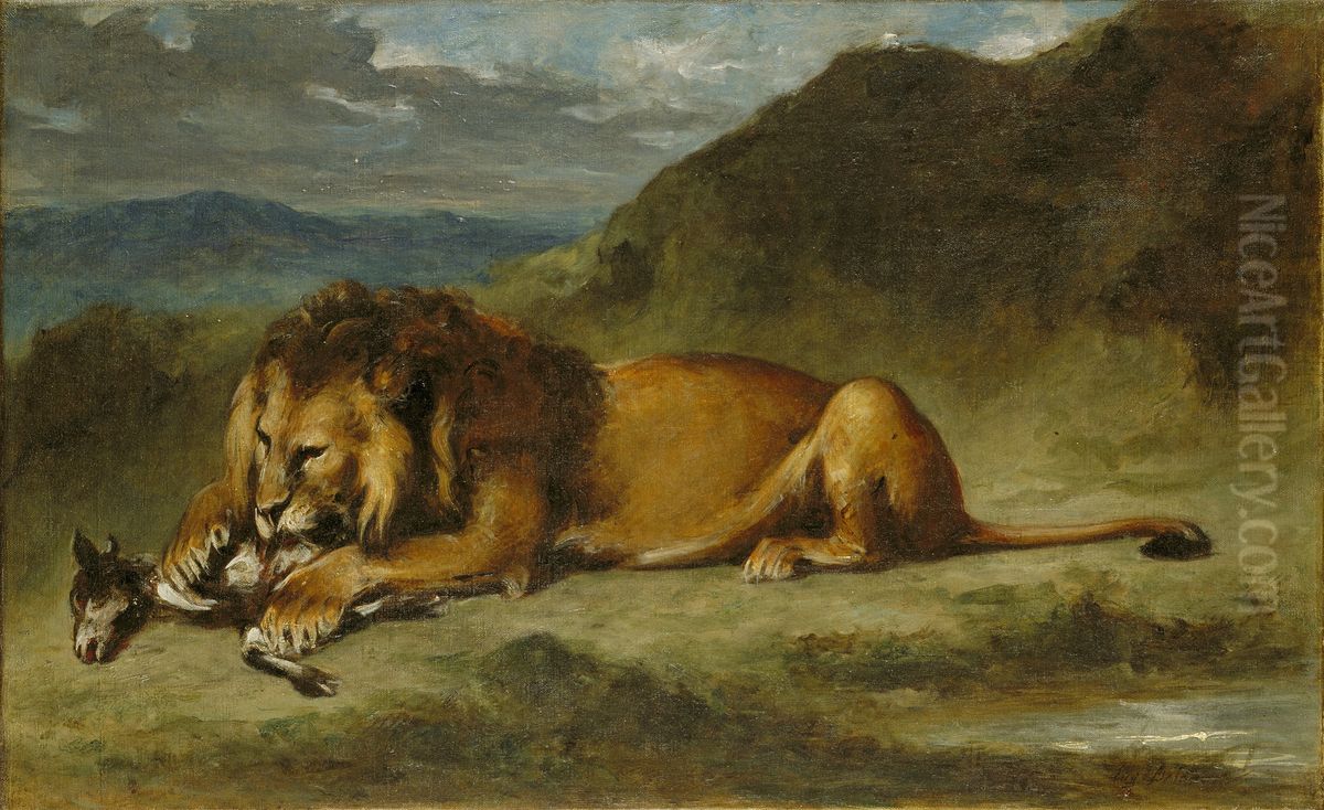Lion Devouring a Goat Oil Painting by Eugene Delacroix