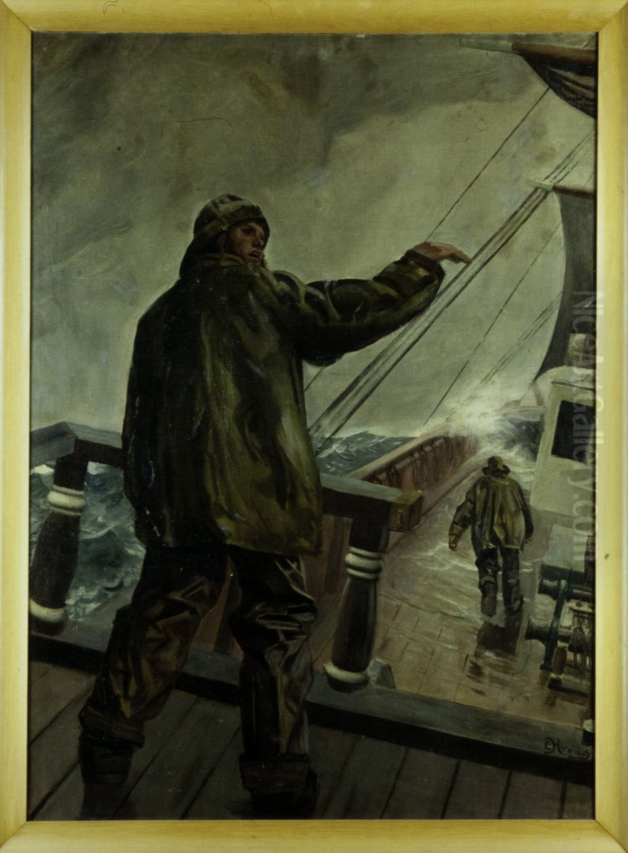 Untitled [sailor on a ship deck in a storm) Oil Painting by Christian Krohg