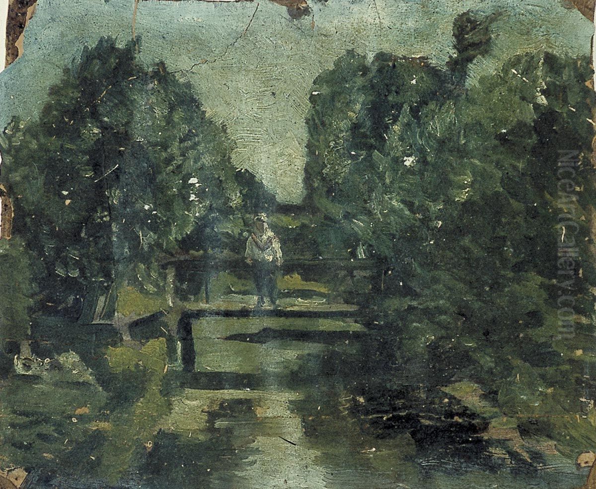 Figure on bridge in forest Oil Painting by Theo van Doesburg