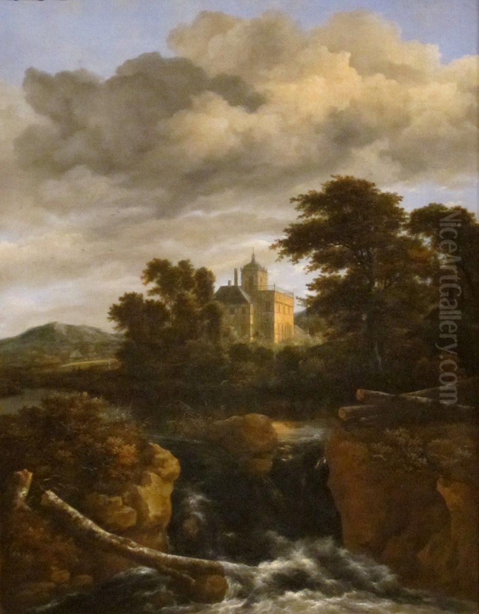 Waterfall before a castle Oil Painting by Jacob Van Ruisdael