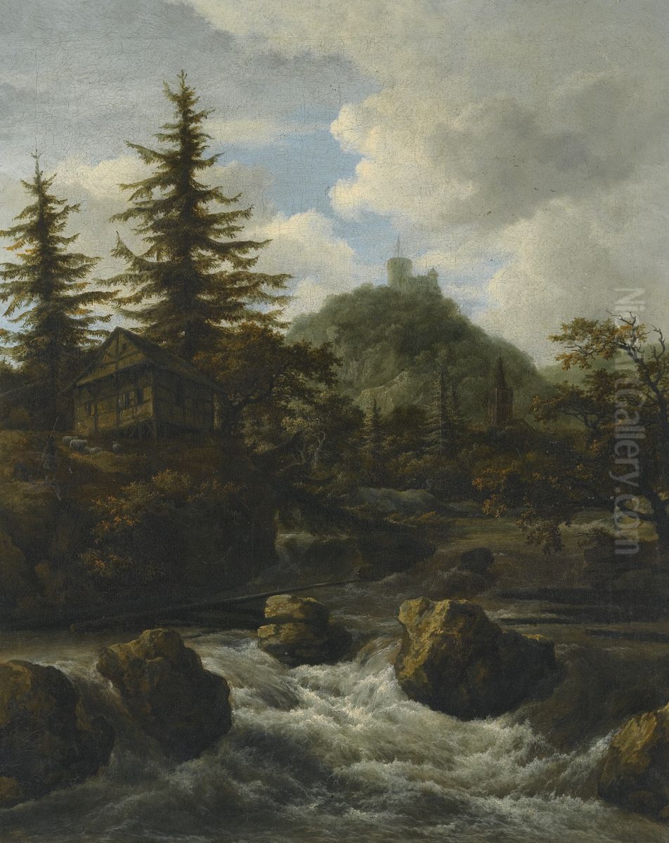 Mountainous landscape with a waterfall, a cottage, and a castle Oil Painting by Jacob Van Ruisdael