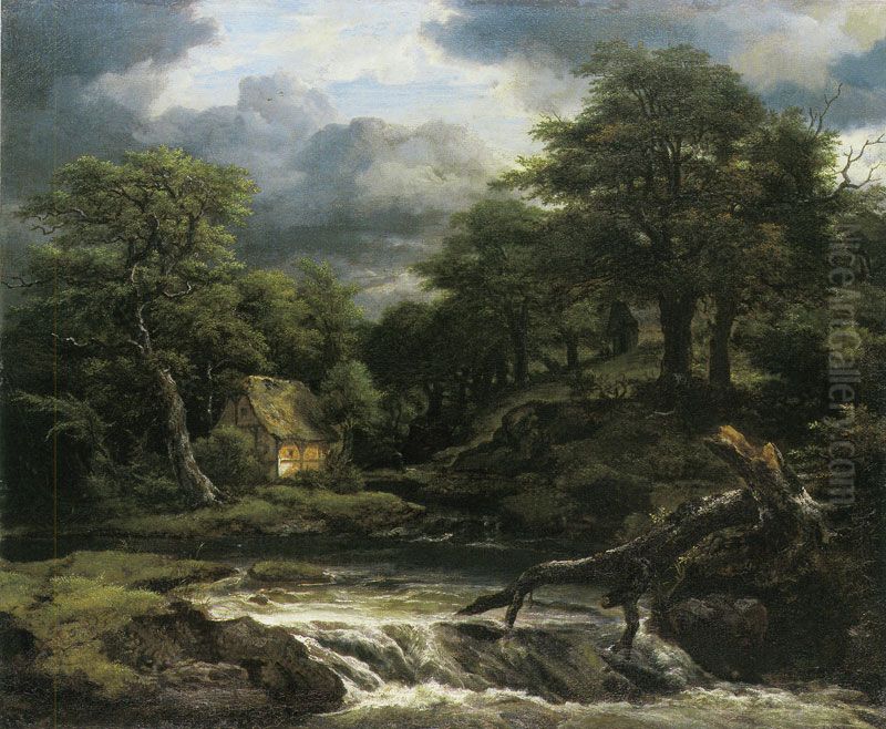 Hilly wooded landscape with a half-timbered house by a waterfall Oil Painting by Jacob Van Ruisdael