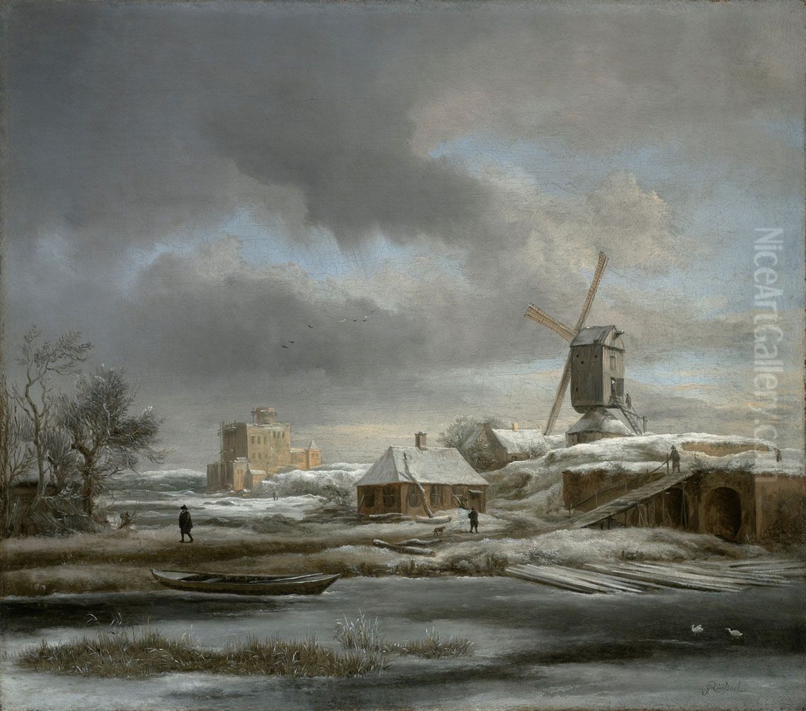 Winter landscape with windmill and a house in scaffolding Oil Painting by Jacob Van Ruisdael