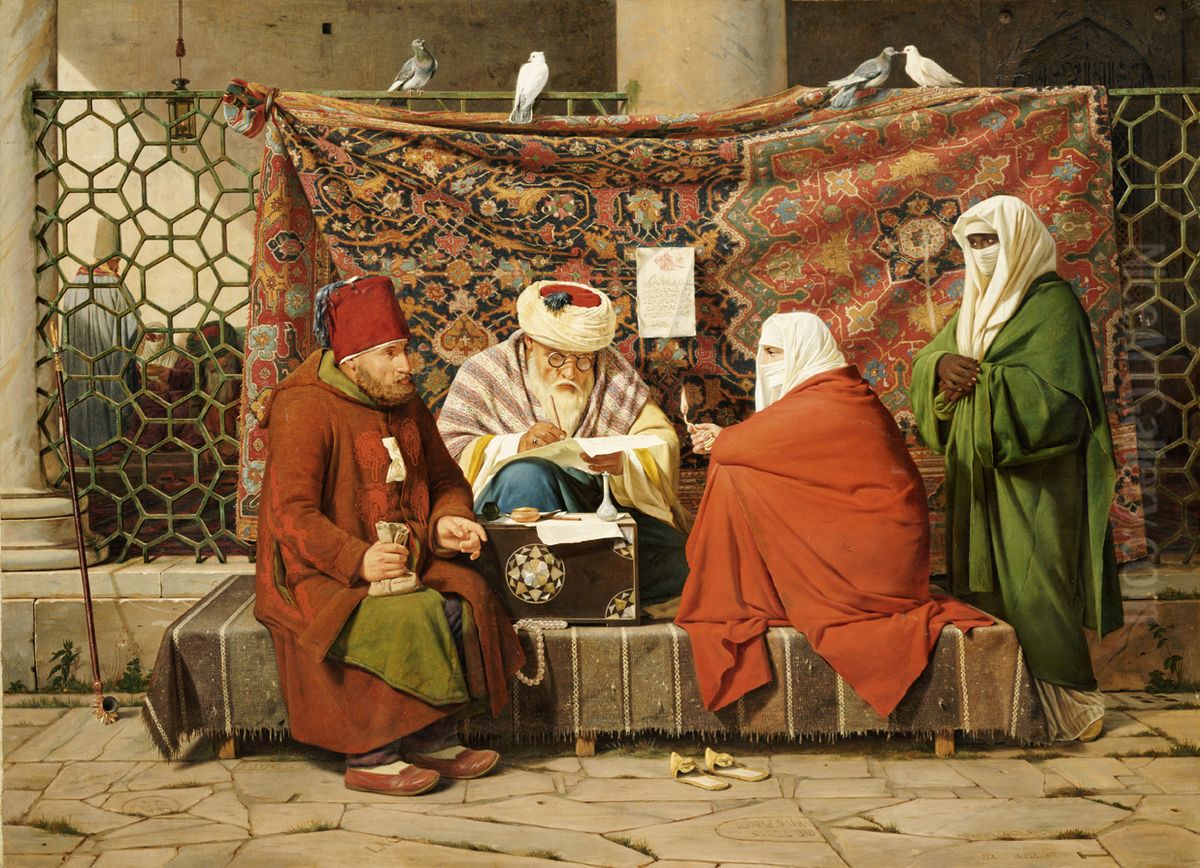 A Turkish notary drawing up a marriage contract in front of the Kilic Ali Pasha Mosque, Tophane, Constantinople Oil Painting by Martinus Rorbye