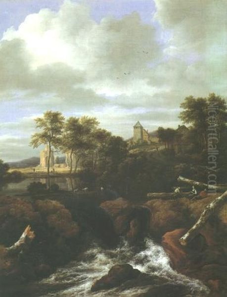 Waterfall with ruins and a village in the distance Oil Painting by Jacob Van Ruisdael