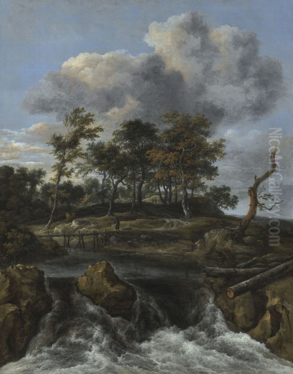 Landscape with waterfall and wooden footbridge Oil Painting by Jacob Van Ruisdael