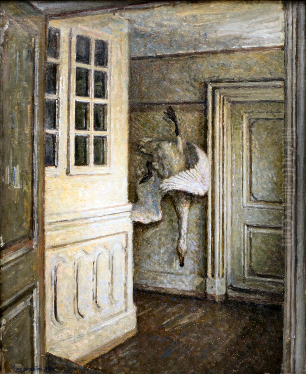 Interior with a dead swan Oil Painting by Viggo Johansen