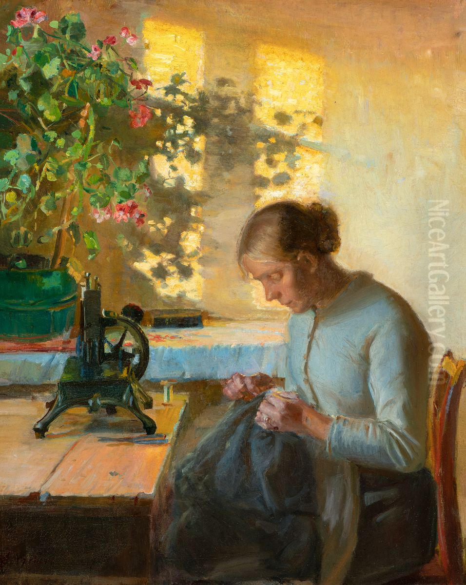 Sewing fisherman's wife Oil Painting by Anna Ancher