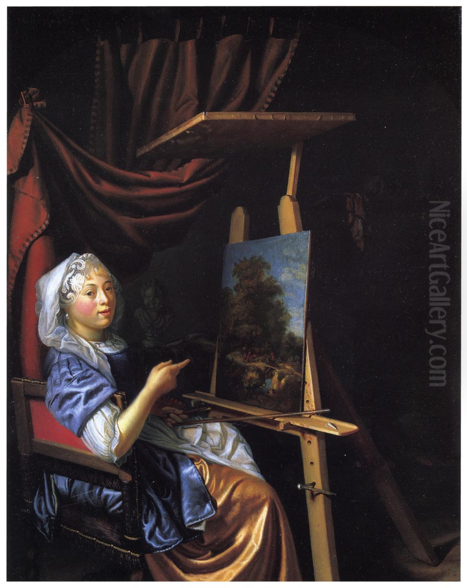 Self portrait at her easel Oil Painting by Maria Schalcken