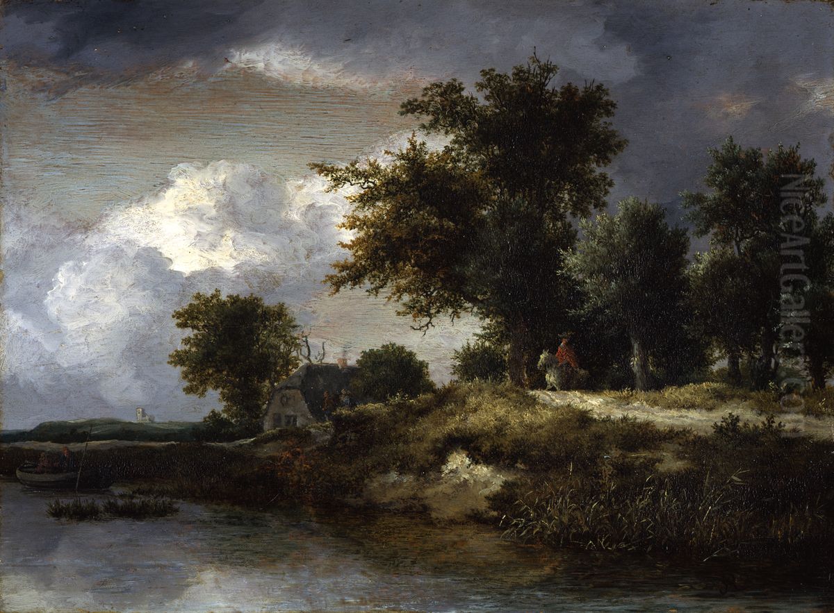 A Wooded River Bank Oil Painting by Jacob Van Ruisdael