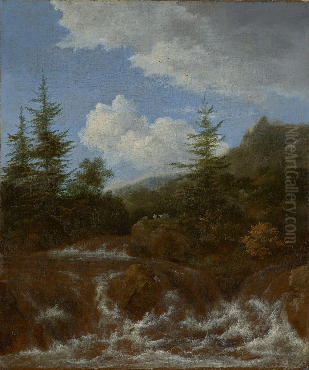 Landscape with waterfall and pine trees Oil Painting by Jacob Van Ruisdael