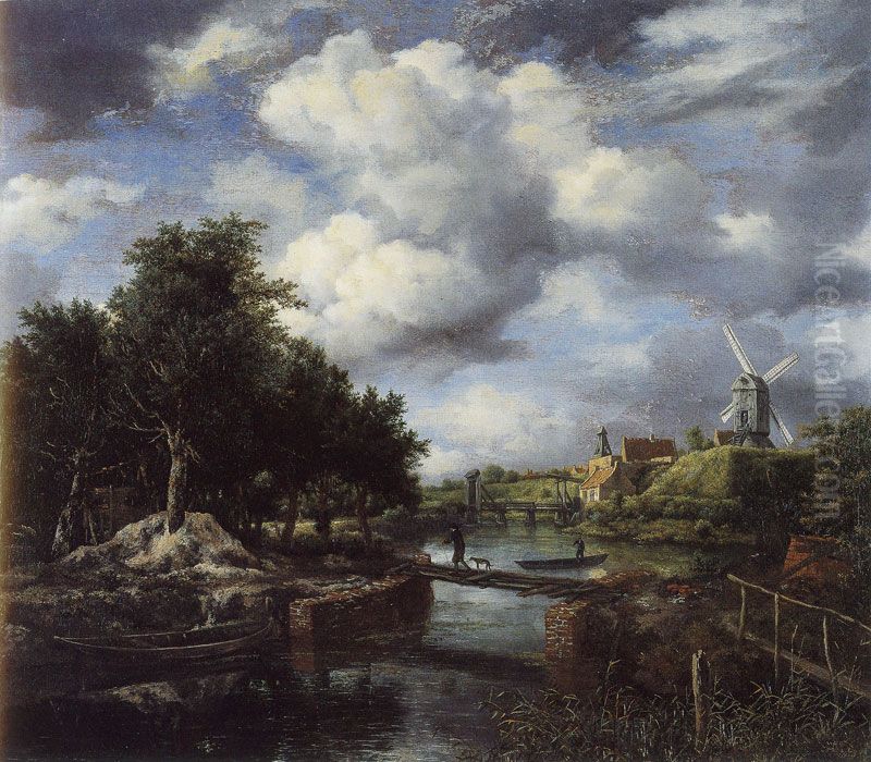 Landscape with a Windmill near a Town Moat Oil Painting by Jacob Van Ruisdael