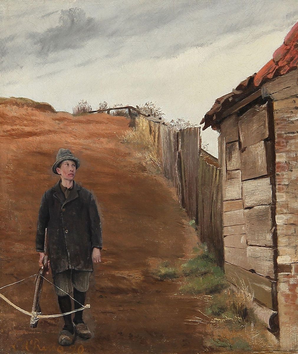 Dreng med en armbrost ved foden af en bakke Oil Painting by Laurits Andersen Ring