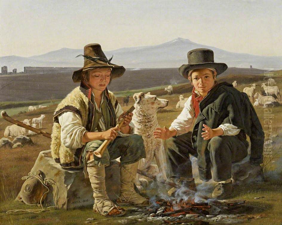 To hyrdedrenge i den romerske Campagne Oil Painting by Martinus Rorbye