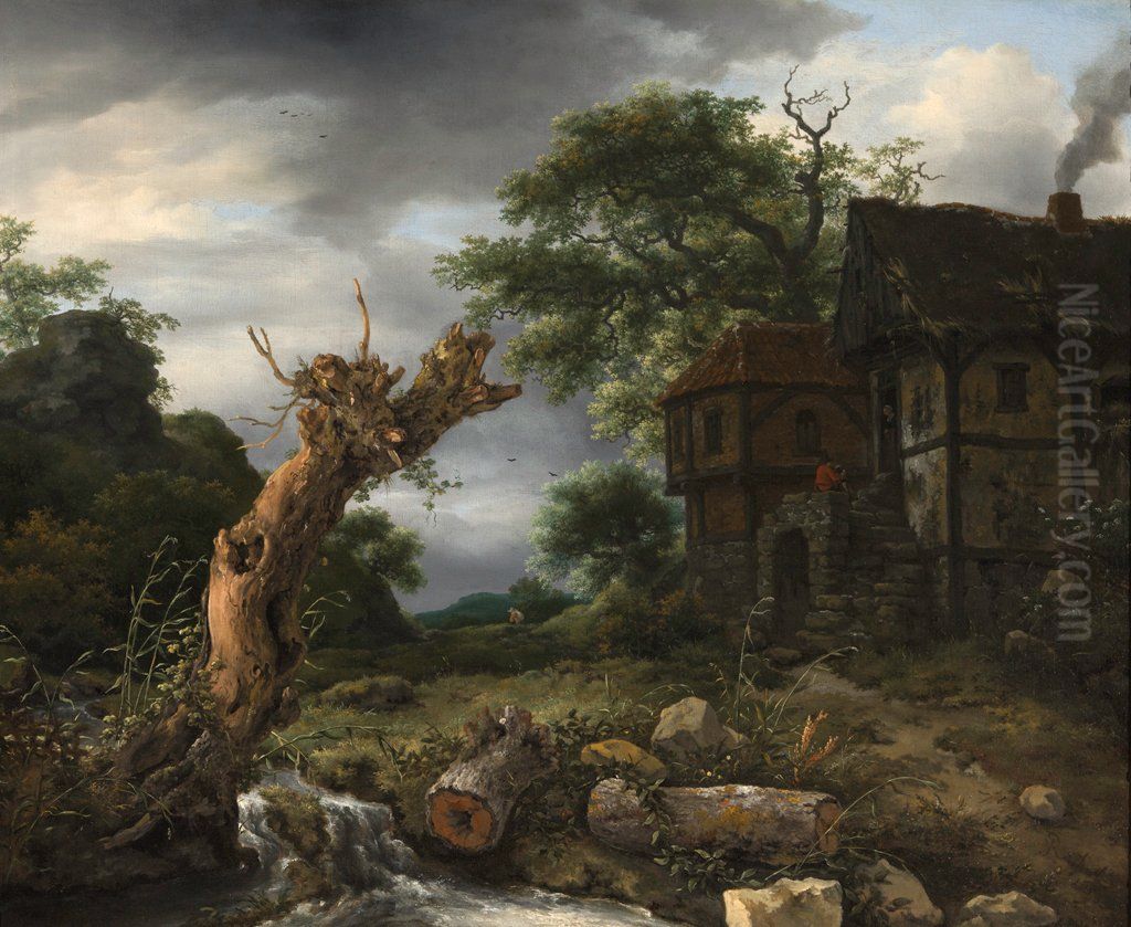 Landscape with a Half-Timbered House and a Blasted Tree Oil Painting by Jacob Van Ruisdael