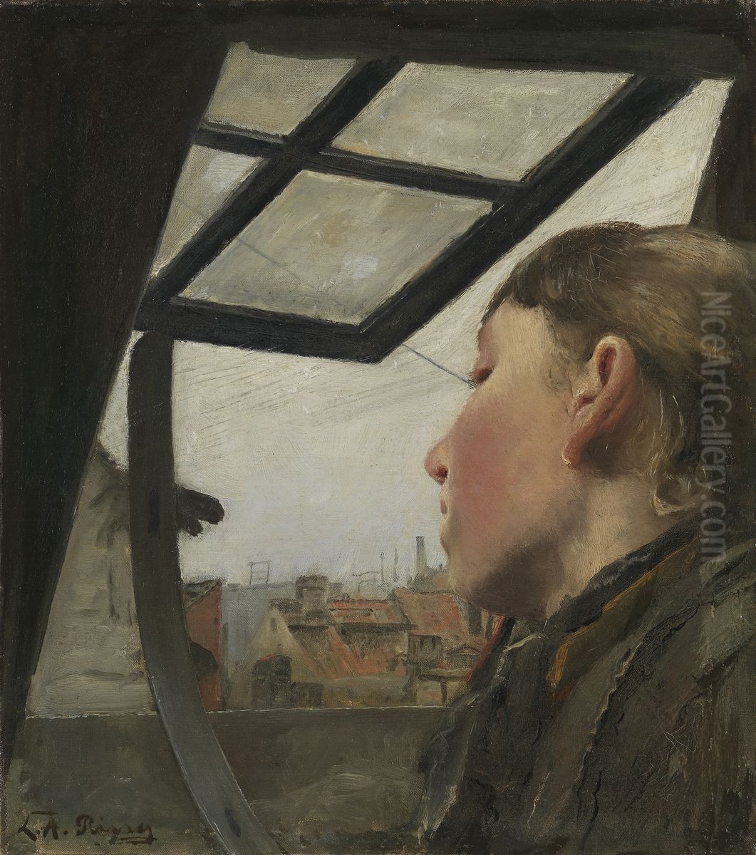 Young girl looking out of a roof window Oil Painting by Laurits Andersen Ring