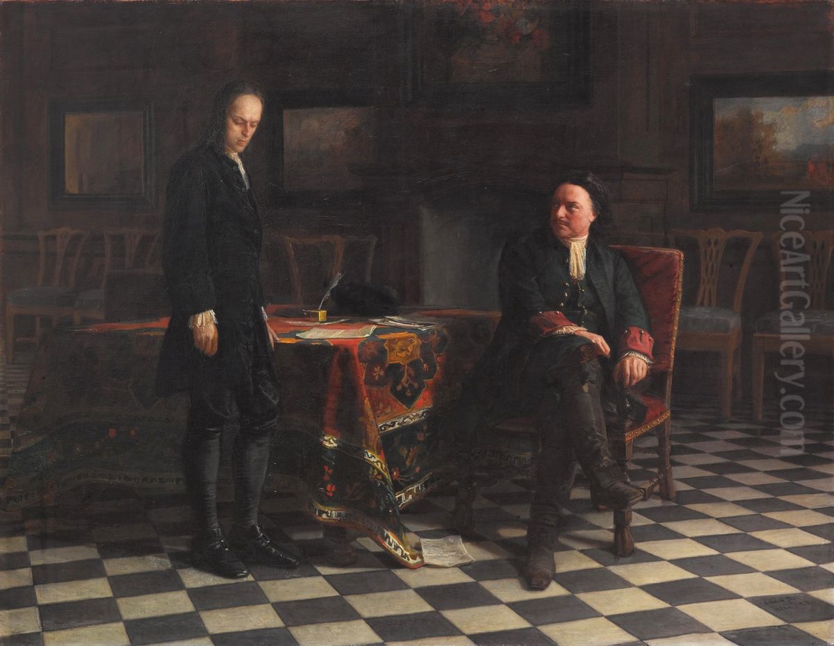 Peter the Great Interrogating the Tsarevich Alexei Petrovich at Peterhof Oil Painting by Nikolai Ge
