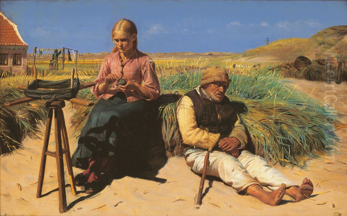 Figures in a landscape. Blind Kristian and Tine in the sand Oil Painting by Michael Peter Ancher