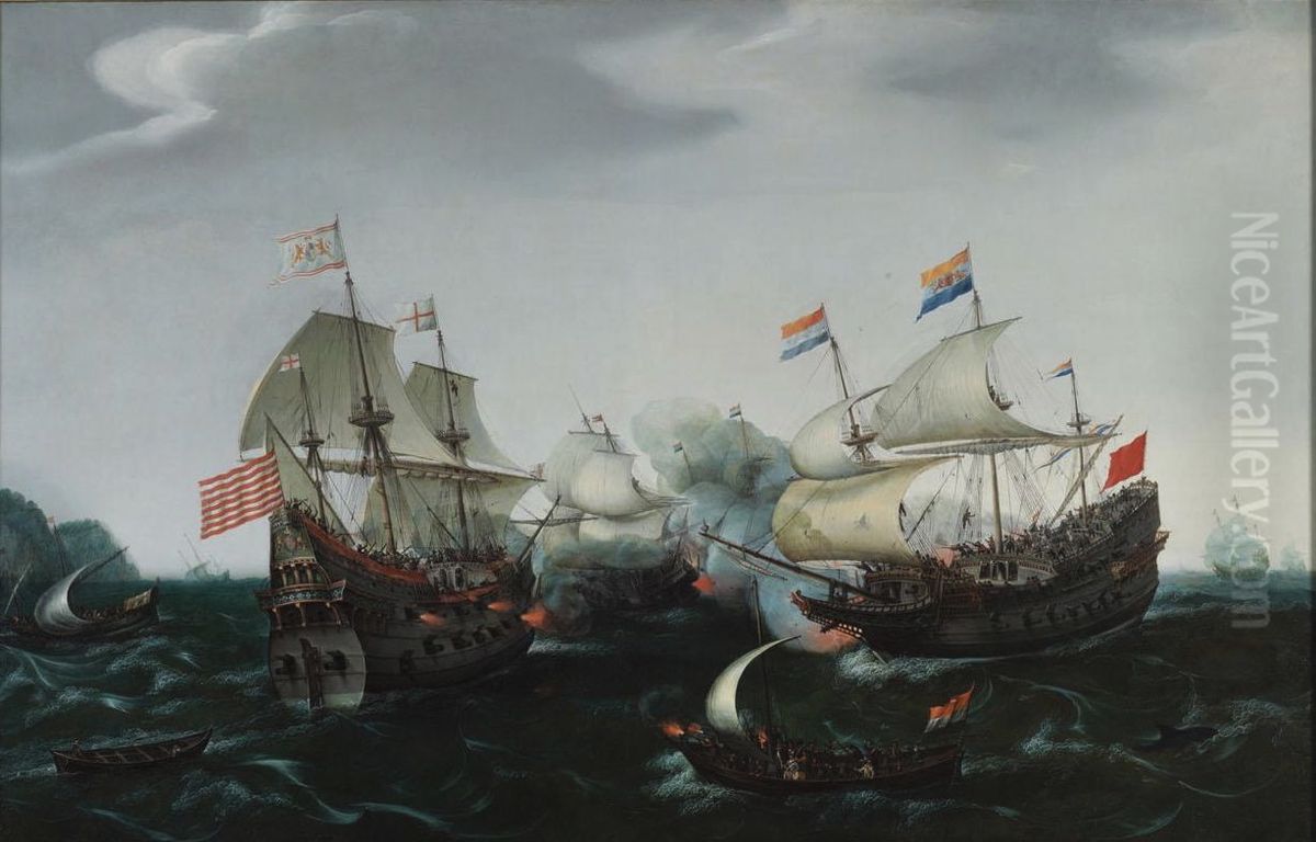 Schermutseling tussen Amsterdamse en Engelse oorlogsschepen 20 april 1605 Oil Painting by Hendrick Cornelisz Vroom