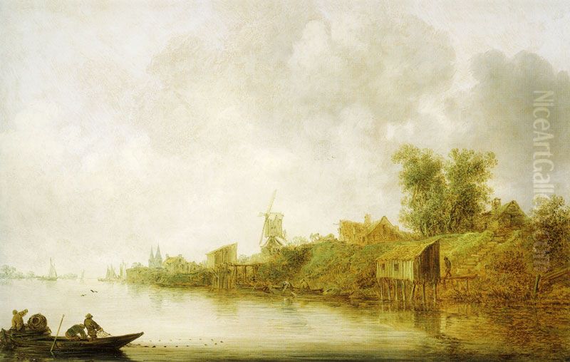 River Landscape with Fishermen Oil Painting by Jan van Goyen