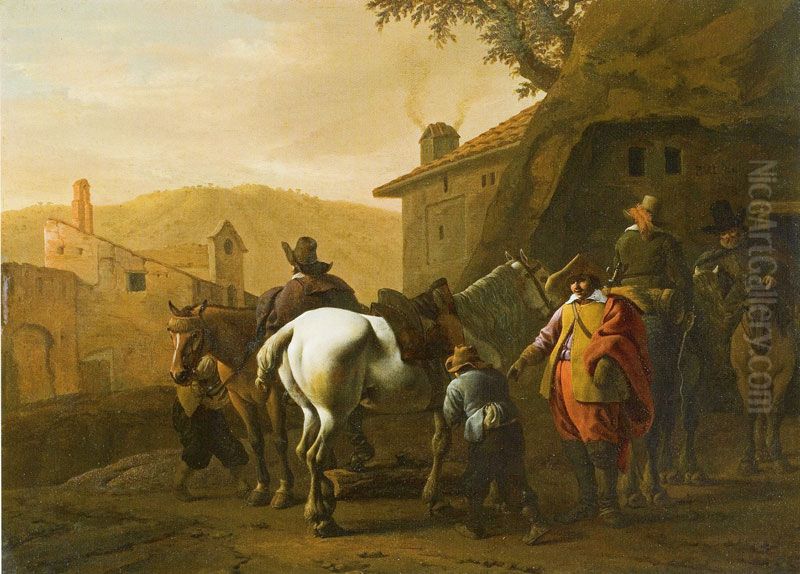 Italian Landscape with travelers at an inn Oil Painting by Pieter van Laer