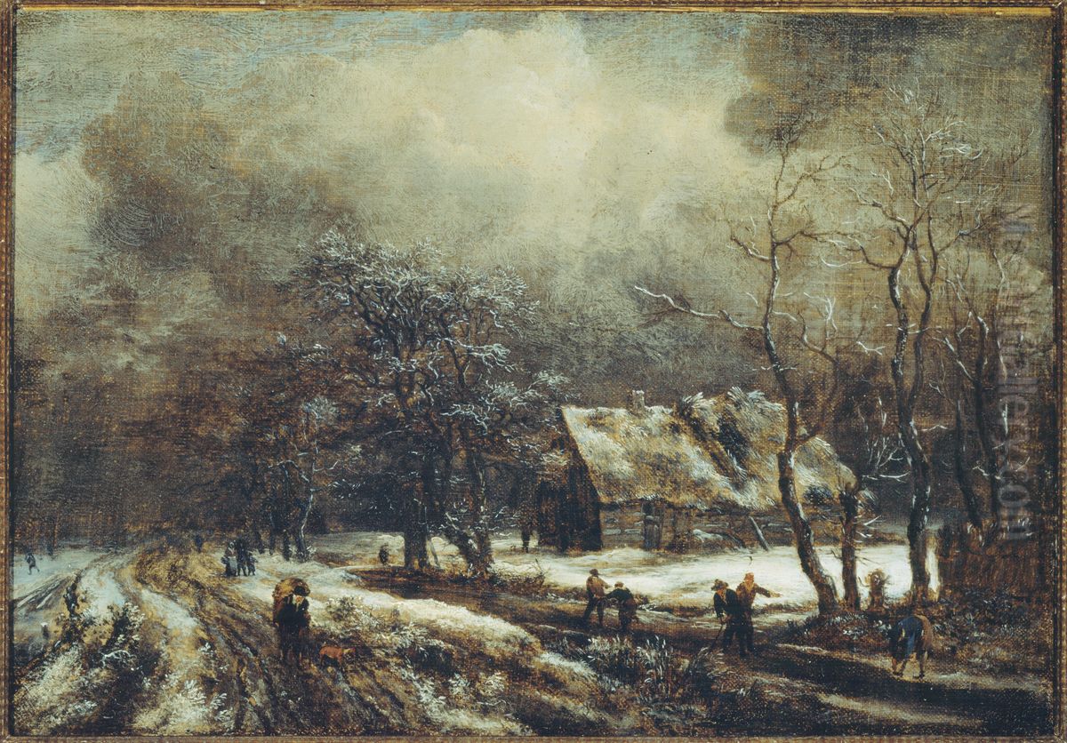 Winter Landscape with Ice Skating Oil Painting by Jacob Van Ruisdael