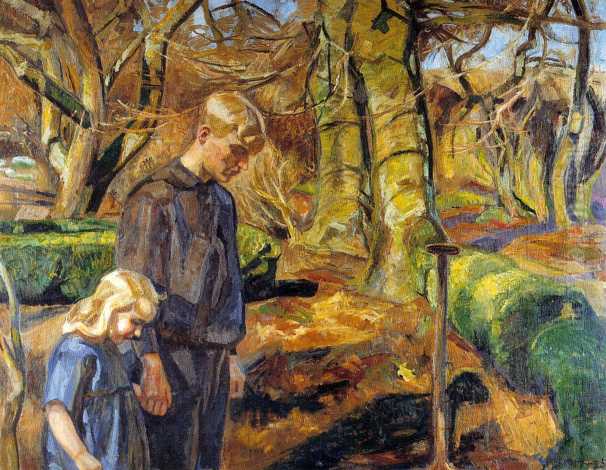 To born begraver en fugl Oil Painting by Fritz Syberg