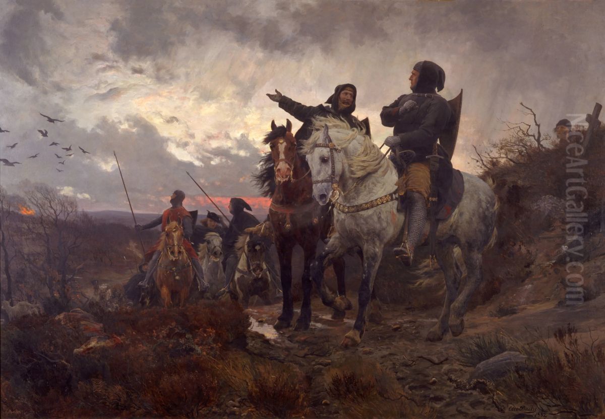 The conspirators ride from Finderup after the murder of Eric Klipping St. Cecilia Night 1286 Oil Painting by Otto Bache