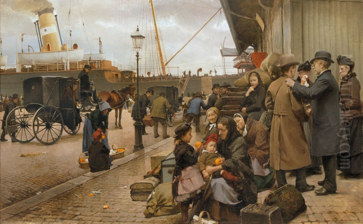 Emigrants at Larsens Square Oil Painting by Edvard Petersen