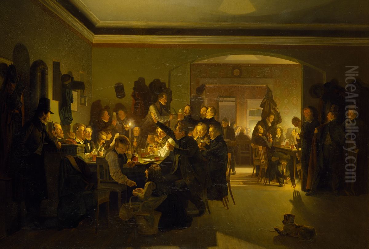 Artists in Finck's Coffee House, painted by Wilhelm Bendz while he lived in Munich in 1831-32. Bendz is himself seen in the picture as number two from the right Oil Painting by Wilhelm Bendz