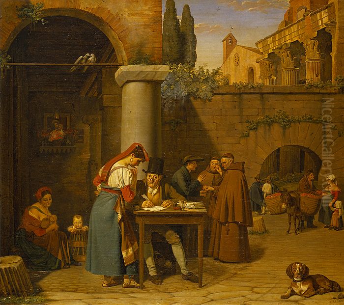 En romersk gadeskriver skriver et brev for en ung pige Oil Painting by Ernst Meyer