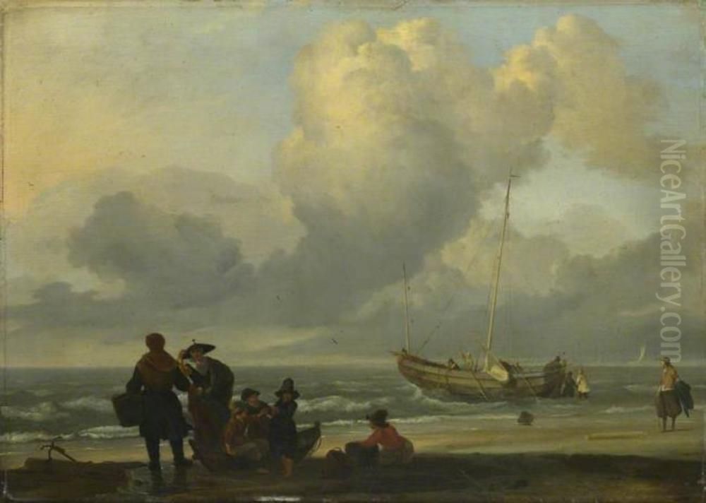A Beach Scene with Fishermen Oil Painting by Ludolf Bakhuizen