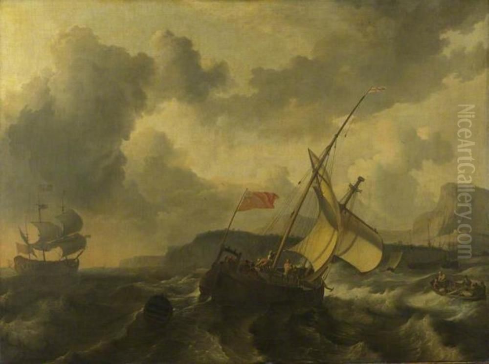 An English Vessel and a Man-of-war in a Rough Sea Oil Painting by Ludolf Bakhuizen