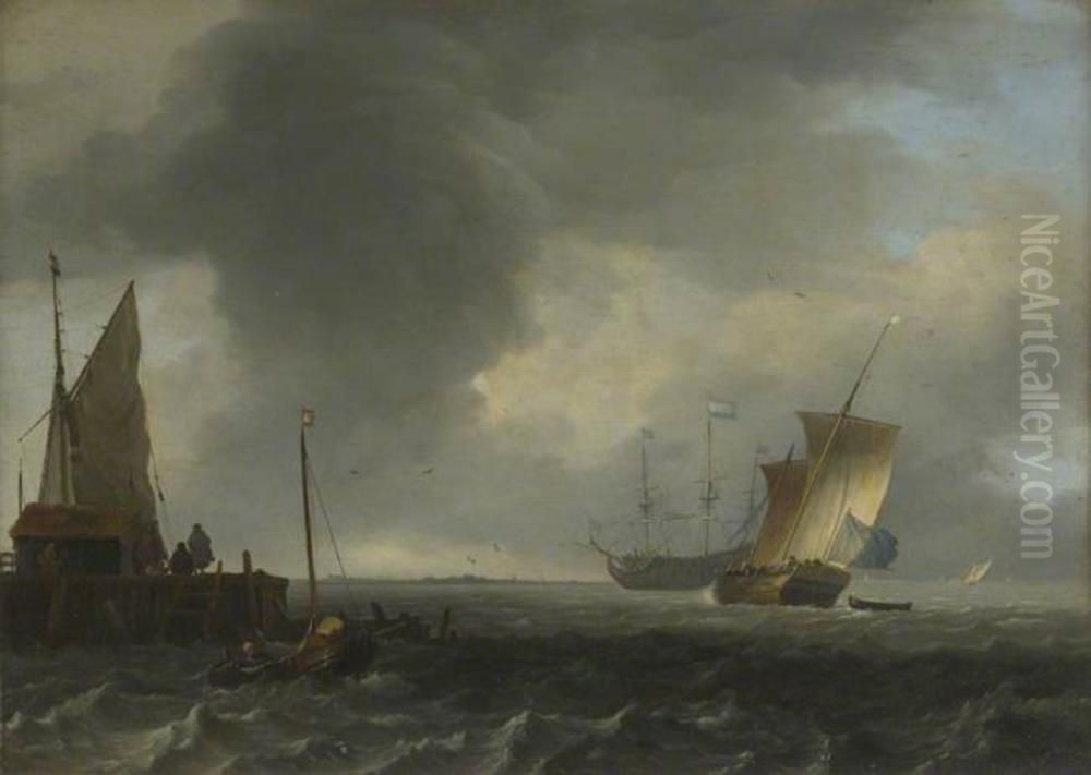 A View across a River near Dordrecht (?) Oil Painting by Ludolf Bakhuizen