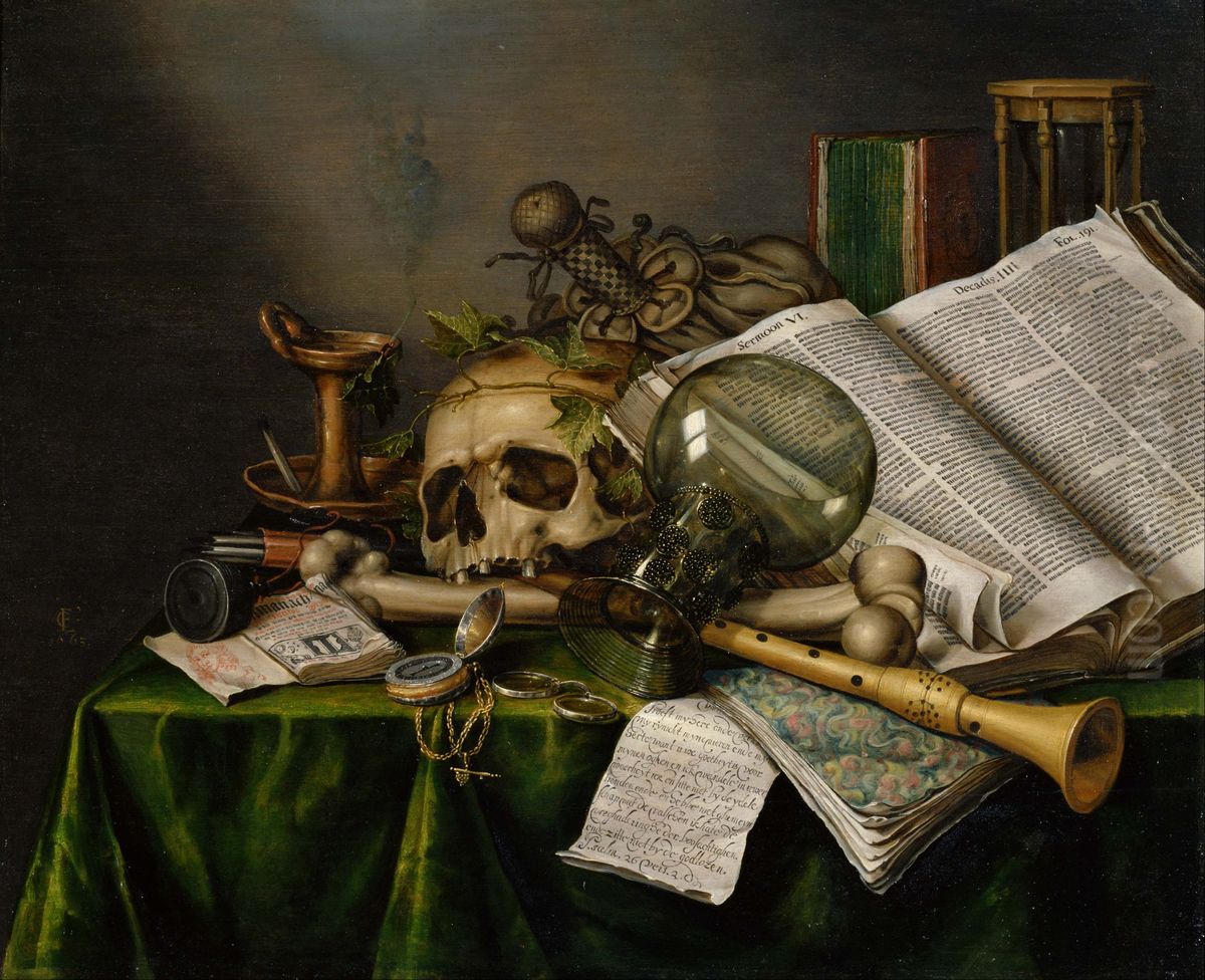Vanitas - Still Life with Books and Manuscripts and a Skull Oil Painting by Evert Collier