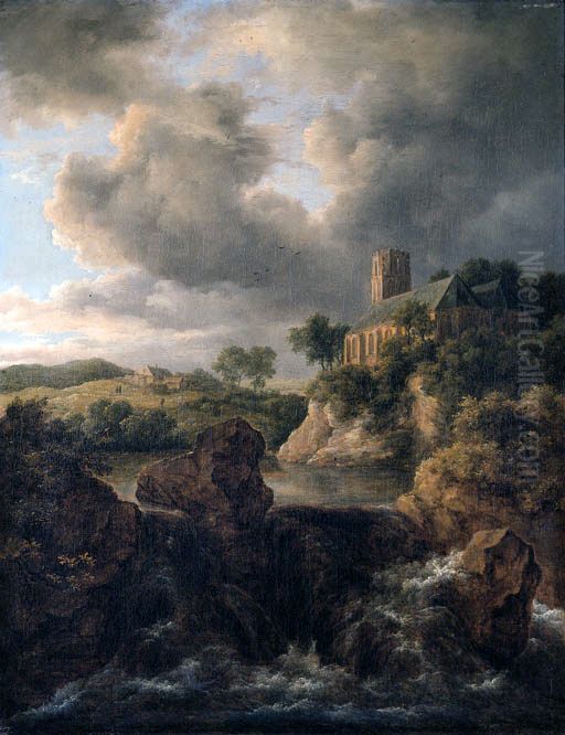 A mountain torrent with a church beyond Oil Painting by Jacob Van Ruisdael