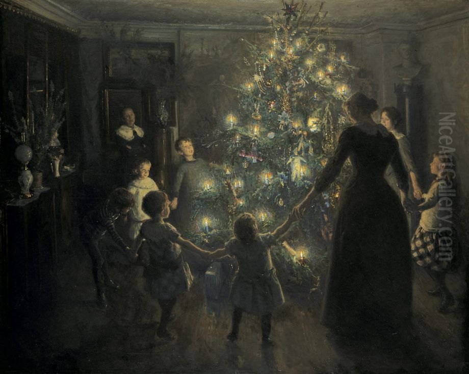 Happy Christmas Oil Painting by Viggo Johansen
