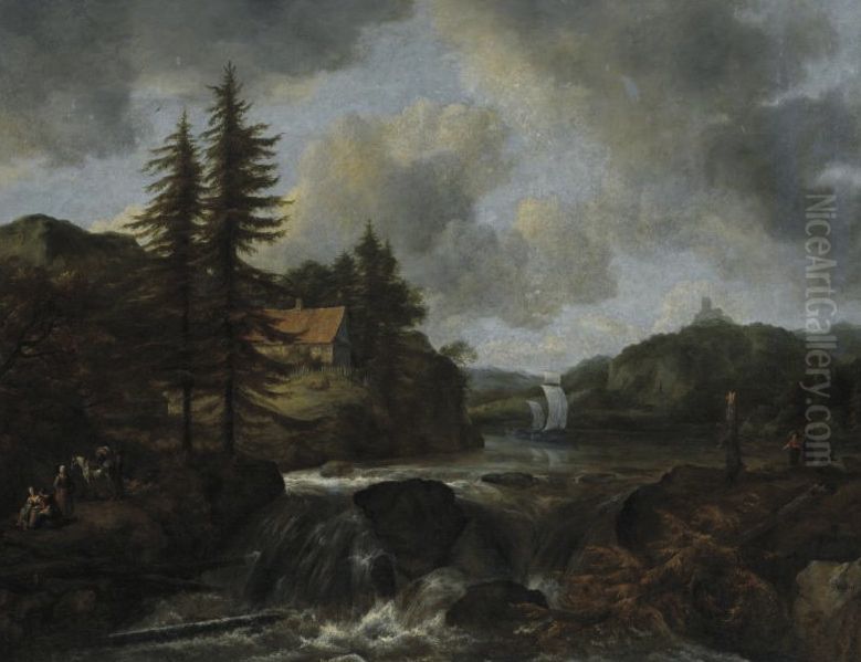 A wooded river landscape with a low waterfall and a sailing ship Oil Painting by Jacob Van Ruisdael