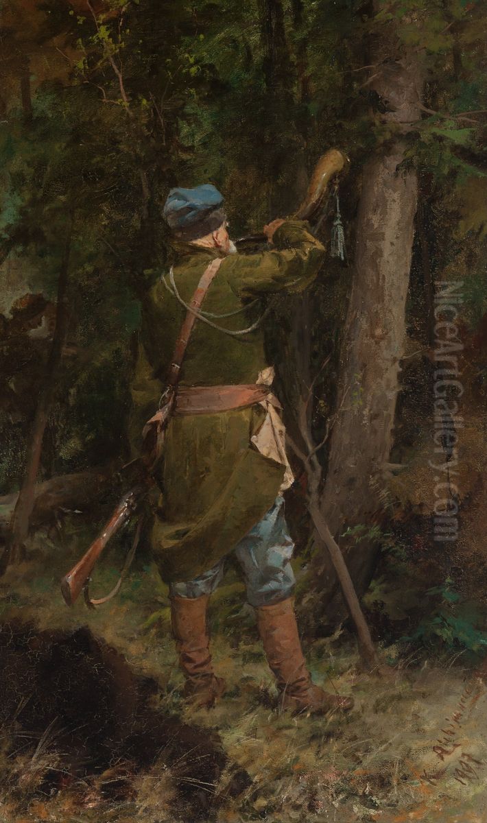 Troops with a horn Oil Painting by Kazimierz Alchimowicz