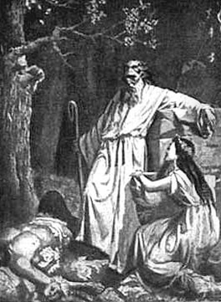 Lizdzejka z dackoj na ruinah hrama Peruna Oil Painting by Kazimierz Alchimowicz