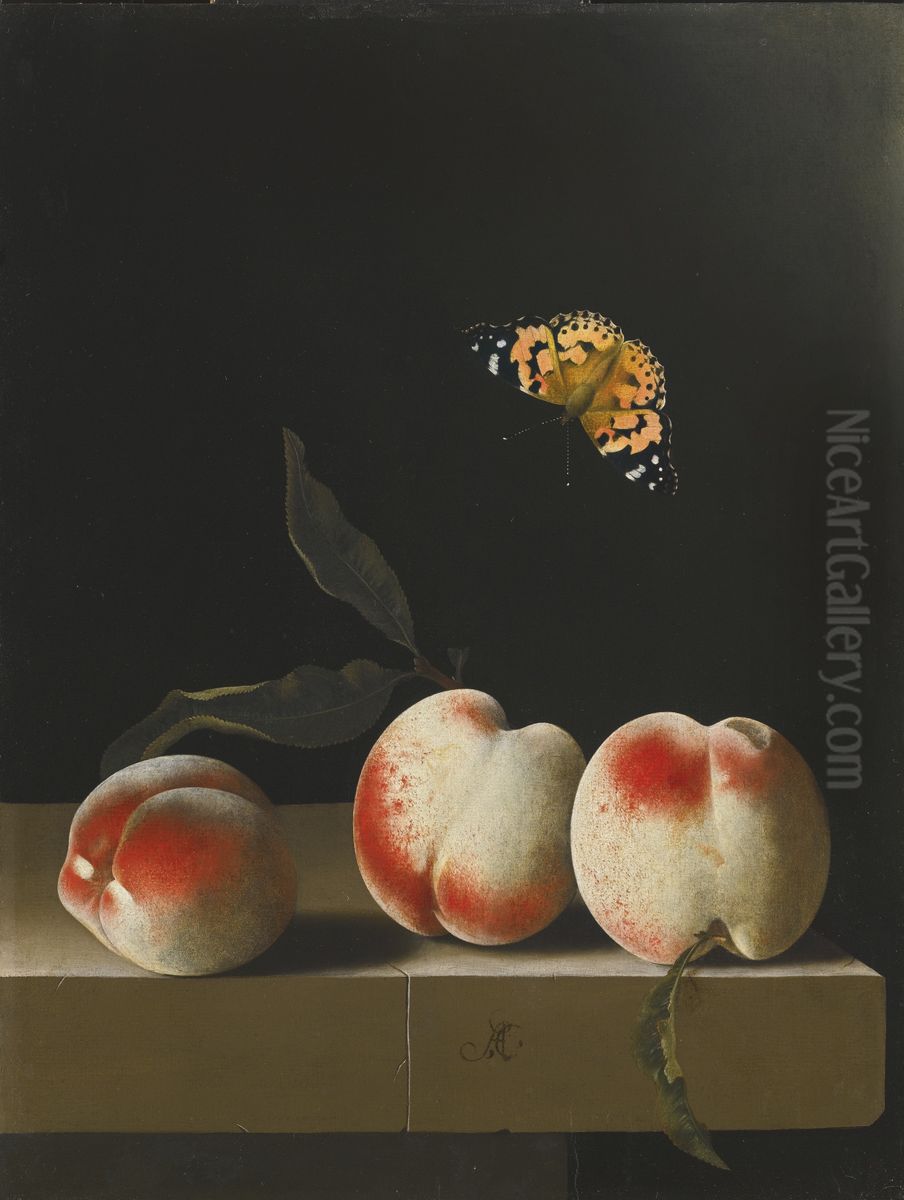 Still life with three peaches on a stone legde and a butterfly Oil Painting by Adriaen Coorte