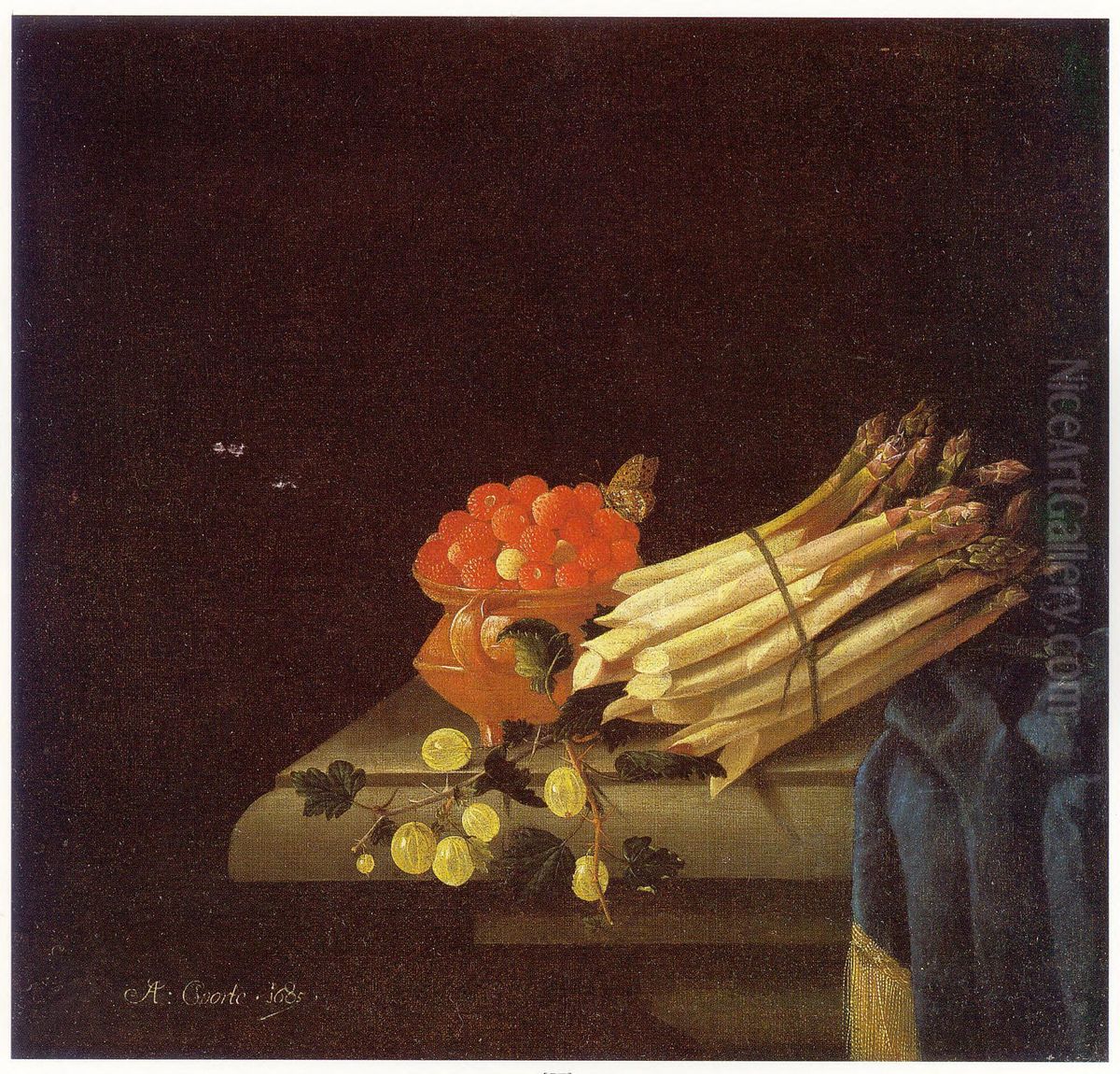Aardbeien, asperges, kruisbessen en tafellaken op een stenen tafel Oil Painting by Adriaen Coorte