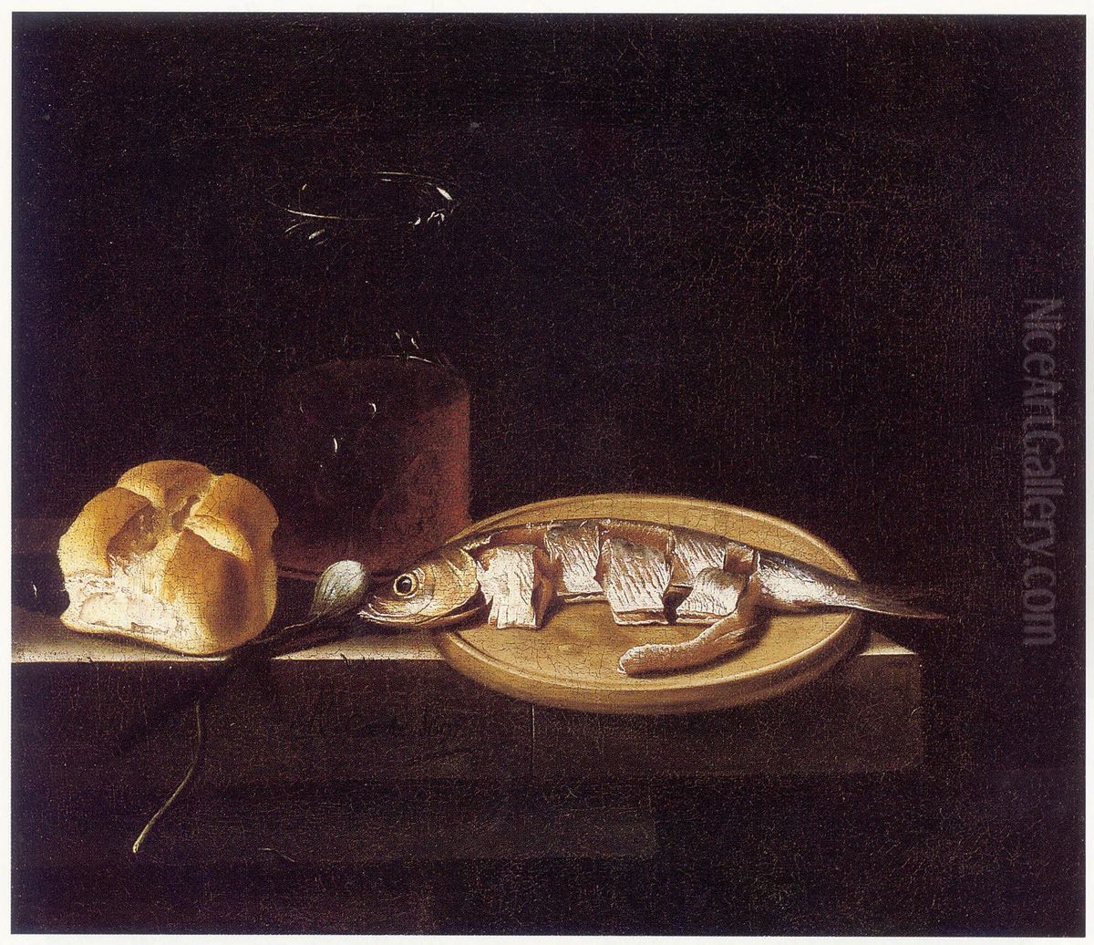 Still Life with Herring, Bread, and Glass of Beer Oil Painting by Adriaen Coorte