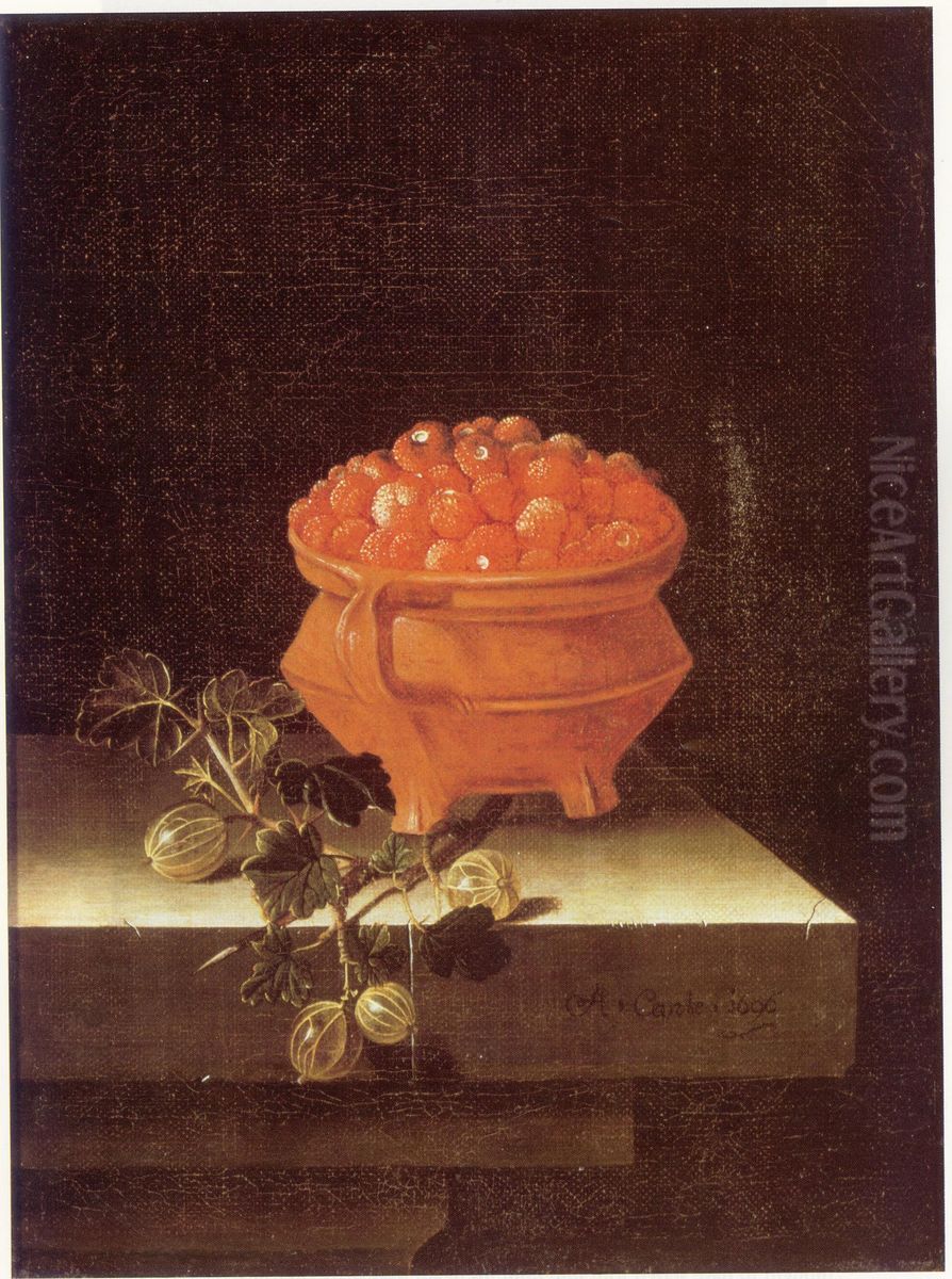 Still life with a bowl of strawberries and a spray of gooseberries Oil Painting by Adriaen Coorte