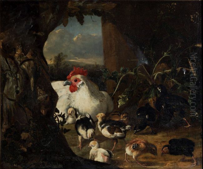 Hen with her chicks Oil Painting by Adriaen Coorte