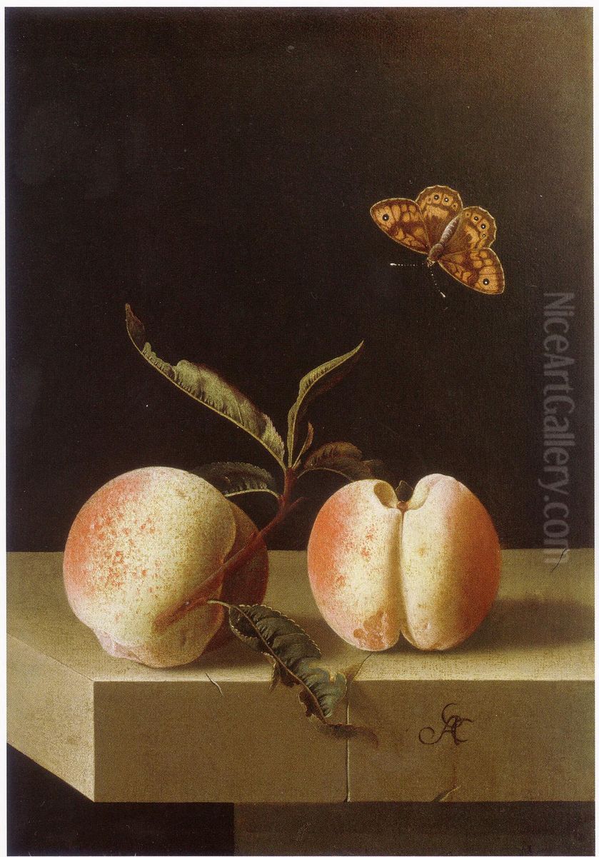 Two peaches and a fritillary butterfly on a stone plinth Oil Painting by Adriaen Coorte