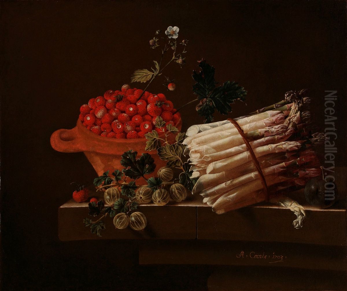 A Pot of Strawberries, Gooseberries, and a Bundle of Asparagus on a Stone Plinth Oil Painting by Adriaen Coorte