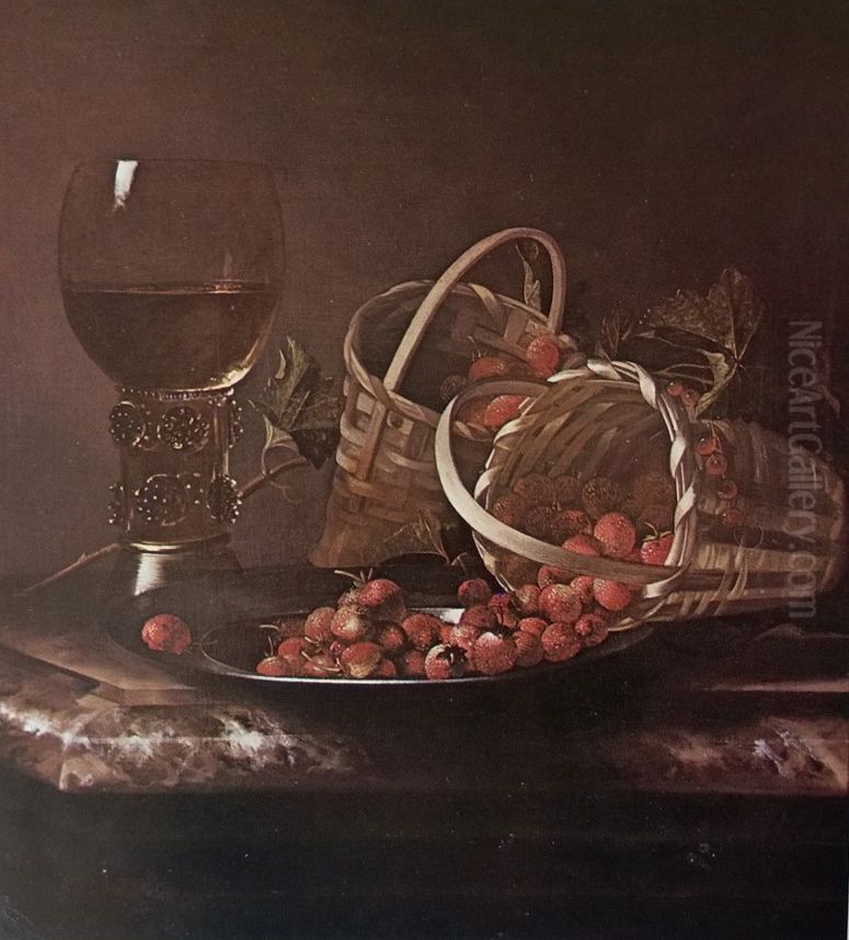 Strawberries and red currants with a roemer on a marble ledge Oil Painting by Adriaen Coorte