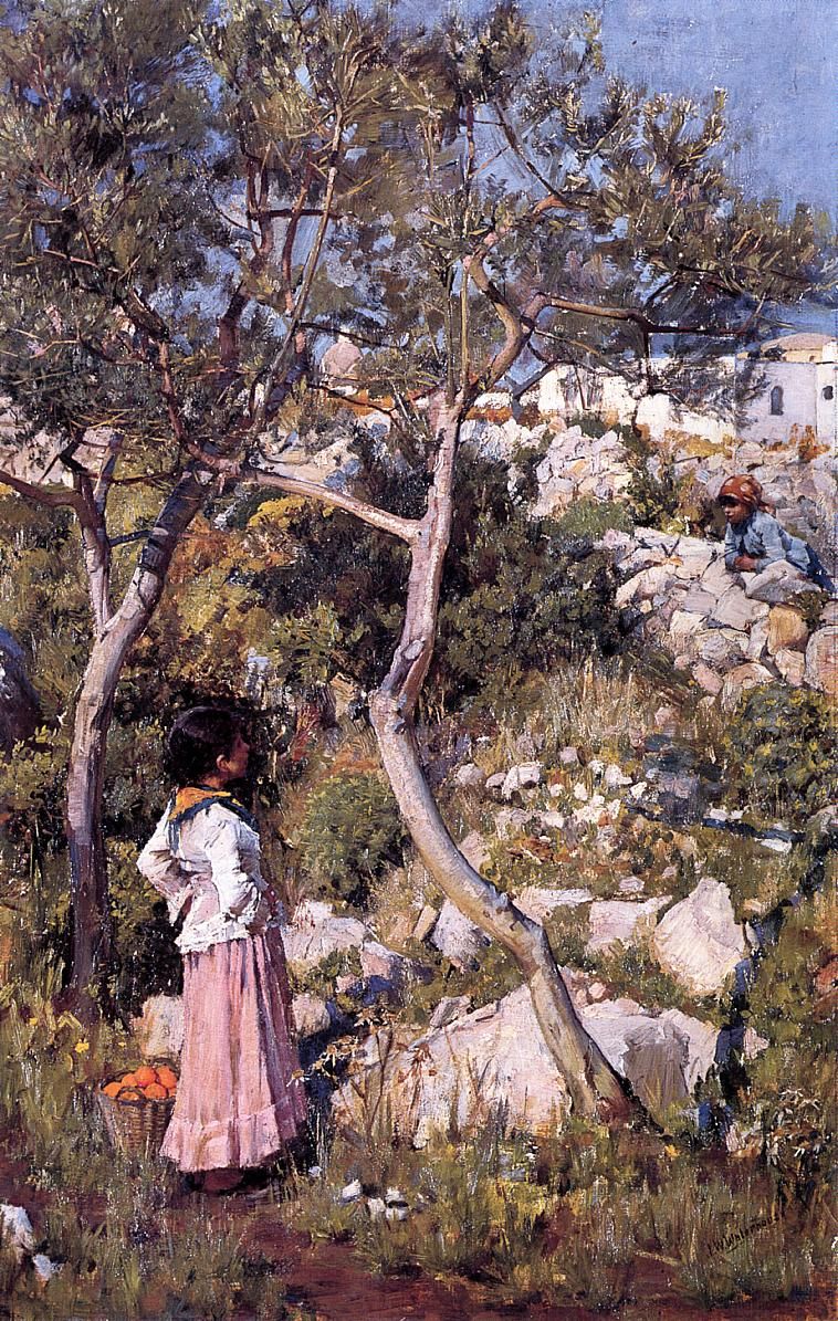 Two Little Italian Girls by a Village Oil Painting by John William Waterhouse