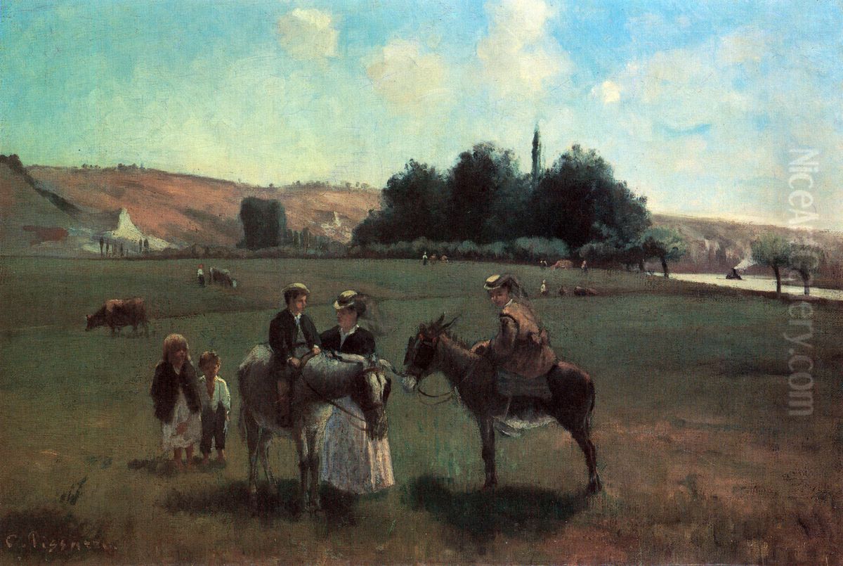 Promenade en anes a La Roche-Guyon Oil Painting by Camille Pissarro